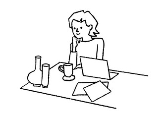 机の上の瓶を見ている女性02