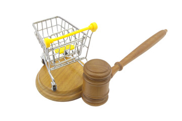 Judge gavel and shopping cart isolated on white background, commercial law and consumers rights...