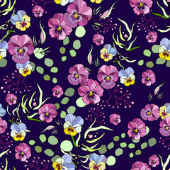 Seamless pattern with watercolor Pansy on dark blue background. Scandinavian style. Vector isolated texture illustration in vintage style.