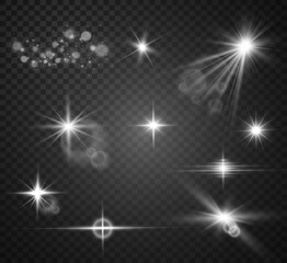 Set of bright beautiful stars. Light effect. Bright Star. Beautiful light to illustrate. Christmas star. White glitter sparkles with special light effect. Vector sparkles on a transparent background.	