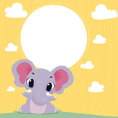 Vector Illustration of a Cute Elephant with Clouds and Blank Circle for Background