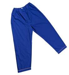 Blue pants on a white background, sleep pants close up. Sleep pants