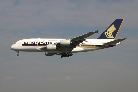 FRANKFURT AM MAIN, GERMANY - APRIL 25, 2013: Singapore Airlines Airbus A380 with registration 9V-SKB on final for runway 25L of Frankfurt Airport.