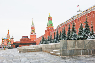 Spasskaya Tower and the Cathedral of Vasily the Blessed (Saint Basil's Cathedral). Red square. Winter day. Moscow. Russia