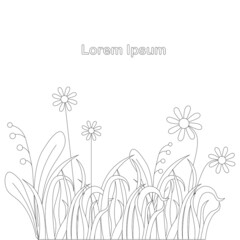 Fototapeta na wymiar Meadow grass flowers outline monochrome background Lorem Ipsum nature art design elements stock vector illustration for web, for print