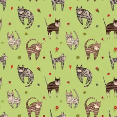 Fotobehang Cheerful seamless nursery pattern with cute cats. Kind spotted, striped long-legged kitties on green background for kids. Cartoon pets. Backdrop with flowers, stars, balls. Watercolor illustration. © Natalia Sadykova art