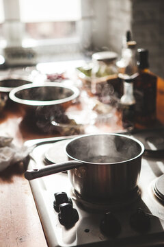 a steaming pan is on the stove