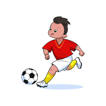 A boy football player, in a red sports shirt, kicks a soccer ball. Vector illustration in cartoon style, isolated flat