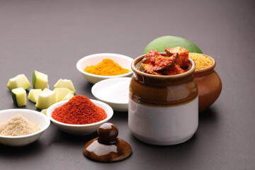 Homemade Mango Pickle or aam ka achar Kairi Loncha with Ingredients.