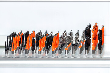 A set of various solid carbide drills for the woodworking industry.