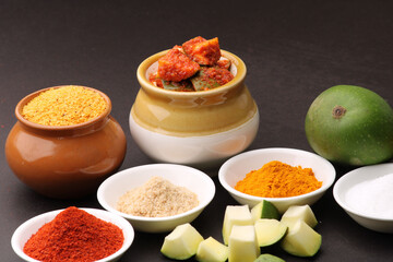 Homemade Mango Pickle or aam ka achar Kairi Loncha with Ingredients.