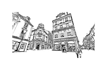 Building view with landmark of Le Mans is a city in northwestern France. Hand drawn sketch illustration in vector. - obrazy, fototapety, plakaty