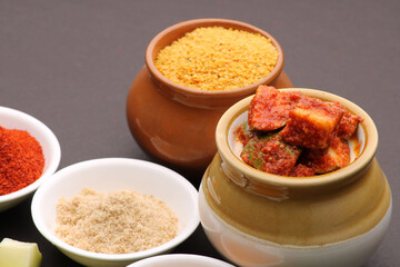 Homemade Mango Pickle or aam ka achar Kairi Loncha with Ingredients.