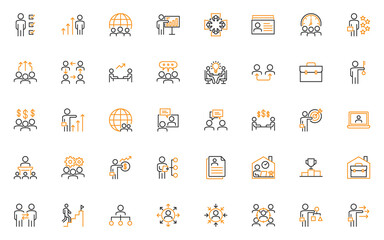 set of business people thin line icons, teamwork, businessman, meeting, work