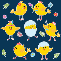 set of chicken stickers isolated on white background, color vector illustration