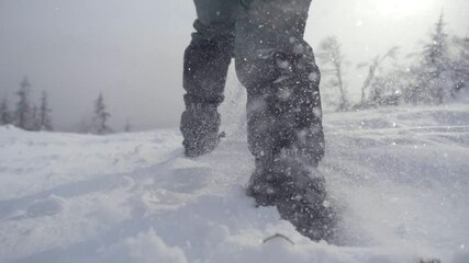 winter walk in the snow, outdoor walking workouts, winte walking. close up view of shoes walking on snow. beautiful nature background. winter footwear, shoes or boots - Powered by Adobe