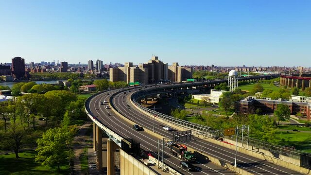 Aerial Crane Shot Interstate 278 Highway on Randall Island in the Bronx
