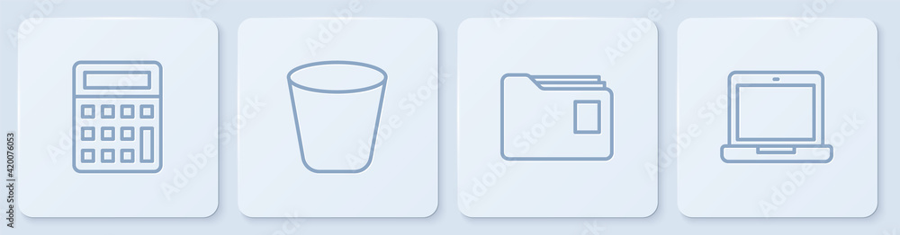 Poster set line calculator, document folder, trash can and laptop. white square button. vector