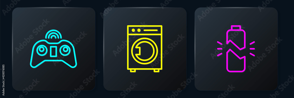 Poster set line wireless gamepad, broken battery and washer. black square button. vector