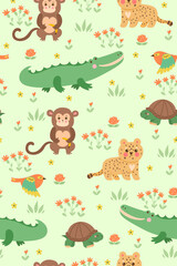 Seamless pattern with cute tropical animals. Vector graphics.