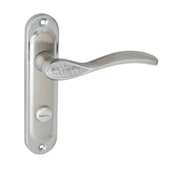 Glossy spiral door handle on a strip, silver-colored with twist mechanism and ornaments on the front of the handle on a white background