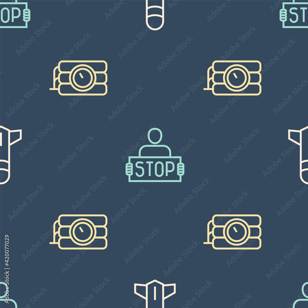 Poster set line rocket, dynamite and timer clock and stop war on seamless pattern. vector