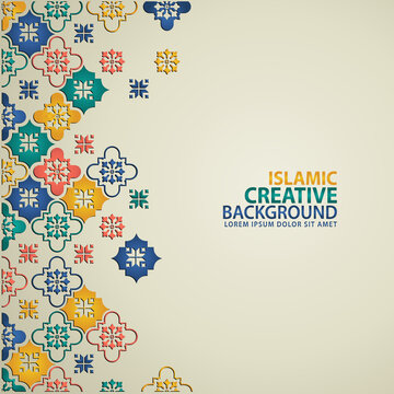 Islamic design greeting card background template with ornamental colorful detail of floral mosaic islamic art ornament