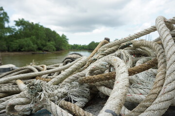 A pile of ropes on a Fisherman's harbor in Thailand