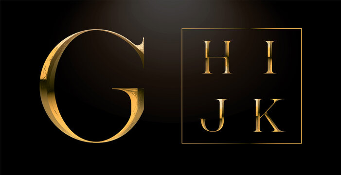 Realistic gold alphabet. Hand crafted serif font with rust effects. Gold roman textured uppercase. Elegant typeset. 