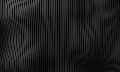 Black parametric backdrop. Abstract lines. Dark background. Wavy surface. Tor view. 3d rendering.
