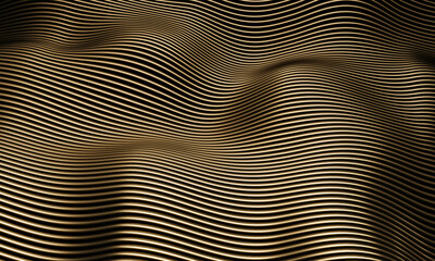 Gold parametric structure. Abstract lines. Dark background. Wavy surface. 3d rendering.