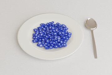 Dish full of thumb up shapes next to a spoon on a white background. 3d illustration.