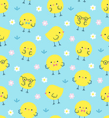 Seamless vector pattern with adorable chickens wearing glasses and bows surrounded by flowers. Illustration for spring holidays in cute hand drawn style. Swatch is included.