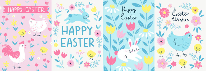 Easter card or banner templates with cute bunnies, chickens and flowers. Vector illustration for the spring holiday in colorful cartoon style. Elements are isolated.