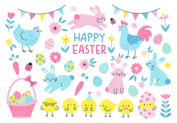 Collection of Easter elements including cute bunnies, chickens, hen, rooster, eggs and flowers. Vector illustration for celebration of Easter holiday in trendy cartoon style. Elements are isolated.