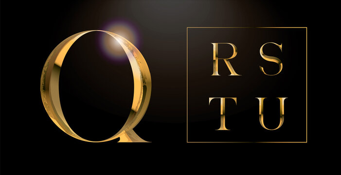 Realistic gold alphabet. Hand crafted serif font with rust effects. Gold roman textured uppercase. Elegant typeset. 