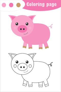 Pig in cartoon style, coloring page, spring education paper game for the development of children, kids preschool activity, printable worksheet, illustration