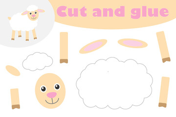 Sheep in cartoon style, education game for the development of preschool children, use scissors and glue to create the applique, cut parts of the image and glue on the paper, illustration