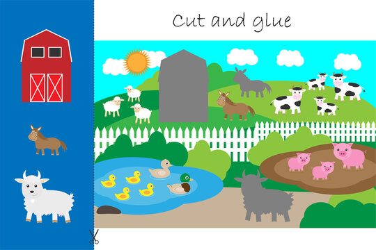 Farm animals and barn cartoon, education game for the development of preschool children, use scissors and glue to create the applique, cut parts of the image and glue on the paper, illustration