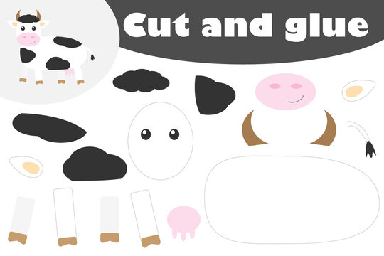 Cow in cartoon style, education game for the development of preschool children, use scissors and glue to create the applique, cut parts of the image and glue on the paper, illustration