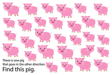 Find pig that goes in other direction, education puzzle game for children, preschool worksheet activity for kids, task for the development of logical thinking and mind, illustration