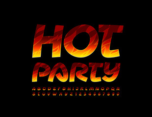 Vector creative poster Hot Party. Bright flaming Font. Fire pattern Alphabet Letters and Numbers set