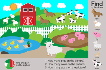 Activity page, farm with animals in cartoon style, find images and answer the questions, visual education game for the development of children, kids preschool activity, worksheet, illustration