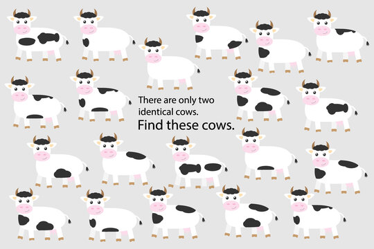 Find two identical cows, education puzzle game for children, preschool worksheet activity for kids, task for the development of logical thinking and mind, illustration