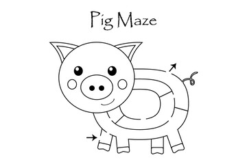 Labyrinth game, find a way out of the maze, easy level for toddlers, cartoon pig, preschool worksheet activity for kids, task for the development of logical thinking, illustration