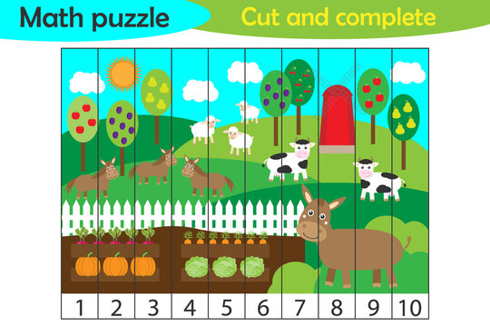 Math puzzle, farm animals and garden in cartoon style, education game for development of preschool children, use scissors, cut parts of the image and complete the picture, illustration