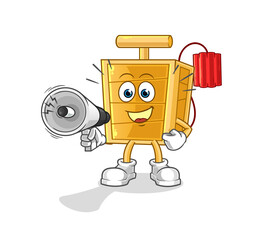 dynamite detonator holding hand loudspeakers vector. cartoon character