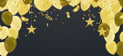 Vector party balloons gold illustration. Confetti and ribbons flag ribbons, Celebration background template