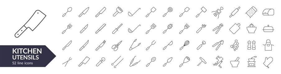 Kitchen utensil line icon set. Isolated signs on white background. Vector illustration