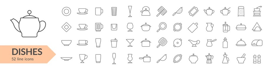 Dishes line icon set. Isolated signs on white background. Vector illustration